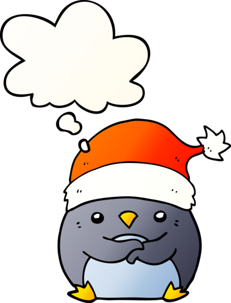 Bir insan tarafından çizilmiş düşünce baloncuklu Noel şapkası takan sevimli penguen çizgi filmi.