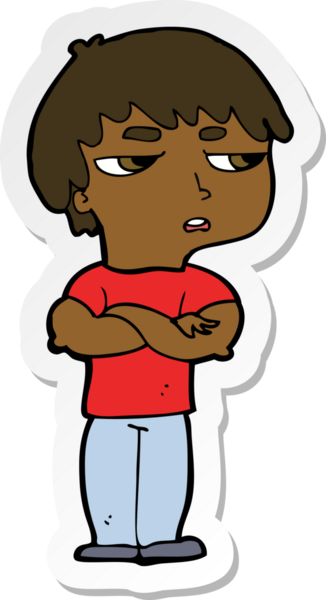 Çizgi film çıkartması. Bir insan tarafından çizilmiş rahatsız çocuk.