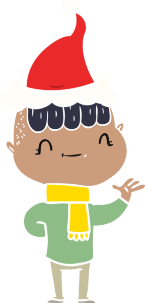 Bir insan tarafından çizilmiş Noel Baba şapkası takan dost canlısı bir çocuğun düz renkli çizimi.