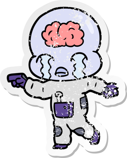 Bir çizgi filmin sıkıntılı çıkartması. Bir insan tarafından çizilmiş büyük beyinli uzaylı ağlaması.