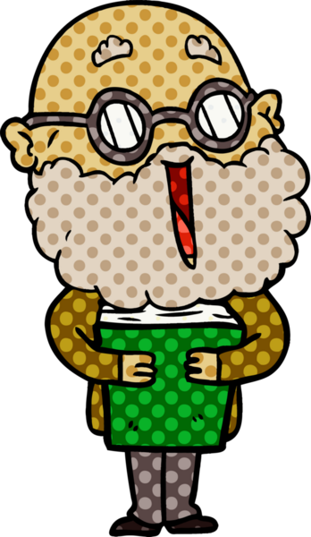 Bir insan tarafından çizilmiş sakallı ve kitaplı neşeli bir adam.