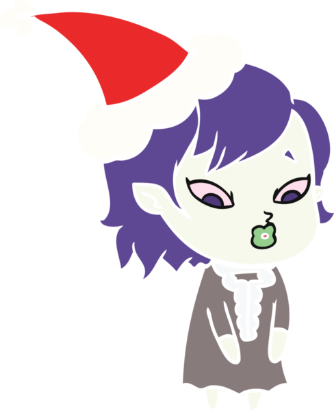 Bir insan tarafından çizilmiş Noel Baba şapkası takan vampir bir kızın düz renk çizimi.