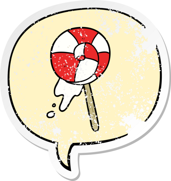 Konuşma baloncuklu geleneksel lolipop çizgi filmi bir insan tarafından çizilmiş sıkıntılı eski bir çıkartma
