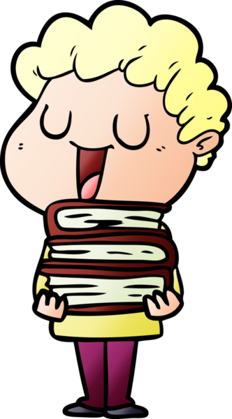 Bir insanın çizdiği kitaplarla gülen karikatür adamı.