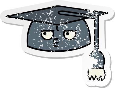 Bir insan tarafından çizilmiş şirin bir çizgi film mezuniyet şapkasının sıkıntılı çıkartması.