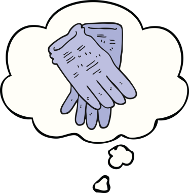 Bir insan tarafından çizilmiş düşünce baloncuklu bahçe eldivenleri.