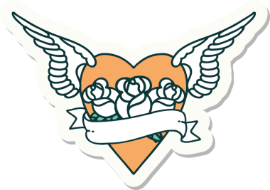 Geleneksel kalp stili dövme çıkartması. Kanatları, çiçekleri ve insan sancağıyla çizilmiş.