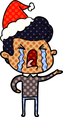 Bir insan tarafından çizilmiş Noel Baba şapkası giymiş ağlayan bir adamın el çizimi çizgi roman çizimi.