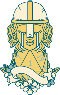 Retro Dövme Tarzı Ağlayan Ork Savaşçısı karakteri yüzü ve bir insan tarafından çizilmiş bir d20 rulosu.