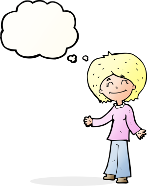 Bir insan tarafından çizilmiş düşünce balonlu mutlu kadın çizgi filmi.