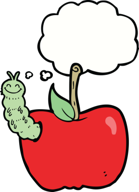 Bir insan tarafından çizilmiş düşünce baloncuklu bir elma.