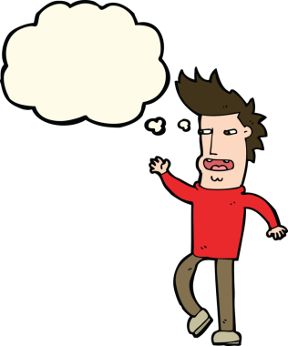 Bir insan tarafından çizilmiş düşünce baloncuğu olan boşboğaz bir adam.