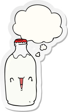 Düşünce baloncuklu tatlı süt şişesi insan tarafından çizilmiş bir çıkartma.