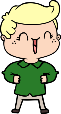 Bir insan tarafından çizilmiş kalçasında elleri olan gülen çocuk.