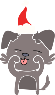 Bir insan tarafından çizilmiş Noel Baba şapkası takan bir köpeğin düz renkli çizimi.