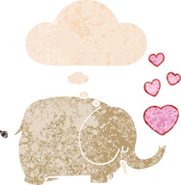 Sevgi dolu karikatür fili. Düşünce baloncuğu ve grunge dertli retro tarzı bir insan tarafından çizilmiş.