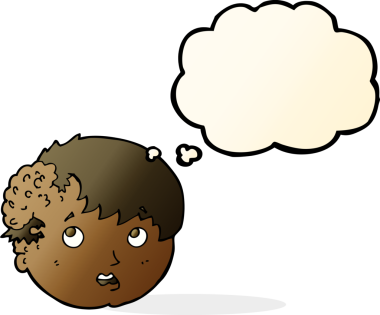 Bir insan tarafından çizilmiş düşünce baloncuğuyla kafasında çirkin bir büyüme olan çizgi film çocuğu.