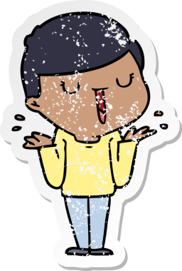 Bir çizgi film karakterinin sıkıntılı çıkartması. Mutlu bir çocuk. Bir insan tarafından çizilmiş tasası yok.