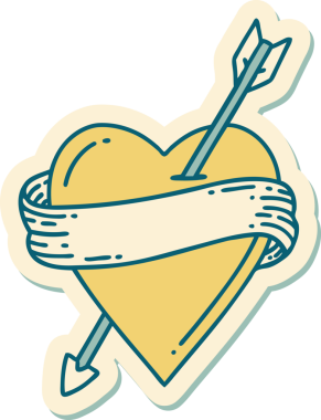 Bir insan tarafından çizilmiş ok kalp ve pankartın geleneksel stiliyle dövme çıkartması.