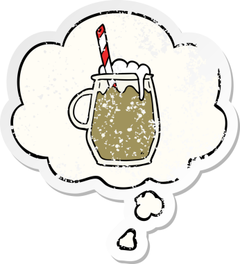 Düşünce baloncuklu çizgi film kök birası bir insan tarafından çizilmiş yıpranmış bir çıkartma.