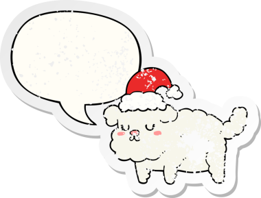 Konuşma baloncuğu olan şirin bir Noel köpeği, bir insan tarafından çizilmiş sıkıntılı eski bir çıkartma.