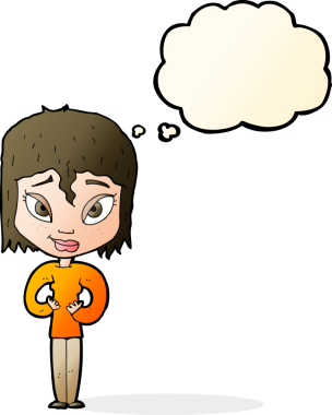 Bir insan tarafından çizilen düşünce baloncuğuyla tatmin olmuş bir kadın.