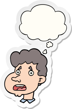 Bir insan tarafından çizilmiş bir çıkartma gibi düşünce baloncuğuyla şok olmuş bir adam.