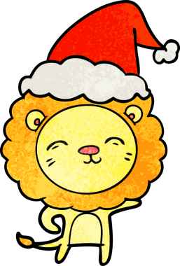 Bir insan tarafından çizilmiş Noel Baba şapkası takan bir aslanın el çizimi karikatürü.