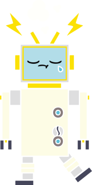 Bir insan tarafından çizilmiş ağlayan bir robotun düz renkli retro karikatürü