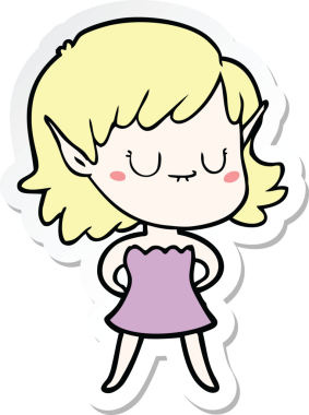 Bir insan tarafından çizilmiş mutlu bir elf kızının çıkartması.