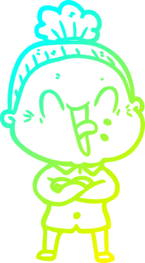 Bir insan tarafından çizilmiş, mutlu, yaşlı bir kadının çizimi.