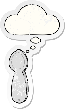 Düşünce baloncuklu çizgi film kaşığı insan tarafından çizilmiş yıpranmış bir çıkartma gibi.