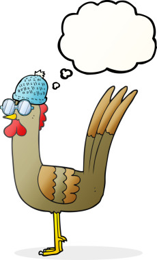 Bir insan tarafından çizilmiş gözlüklü ve şapkalı serbest çizilmiş düşünce balonu tavuğu.