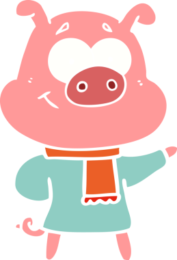 Bir insan tarafından çizilmiş kalın giysiler giyen düz renkli çizgi film domuzu.