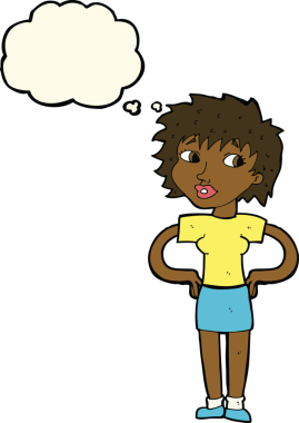 Bir insan tarafından çizilmiş düşünce baloncuğu olan elleri kalçasında çizgi film kadını.