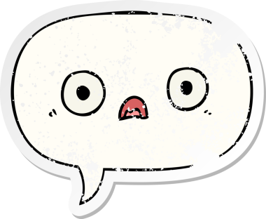 Konuşma baloncuğu olan sevimli çizgi film yüzü bir insan tarafından çizilmiş sıkıntılı eski bir çıkartma.