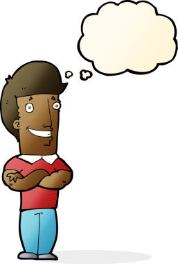 Bir insan tarafından çizilmiş düşünce baloncuğuyla sırıtan katlanmış kolları olan çizgi film adamı.