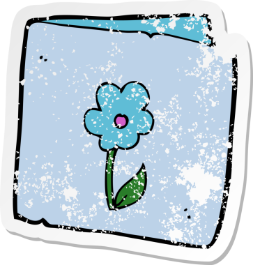 Bir insanın çizdiği karikatür çiçek tebrik kartının gerilemiş retro yapıştırması