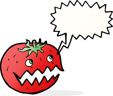 Bir insan tarafından çizilmiş düşünce baloncuklu domates.