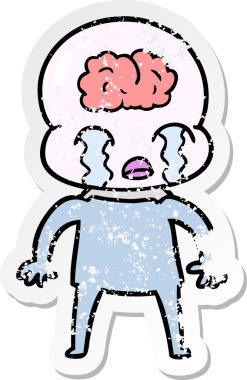 Bir çizgi filmin sıkıntılı çıkartması. Bir insan tarafından çizilmiş büyük beyinli uzaylı ağlaması.