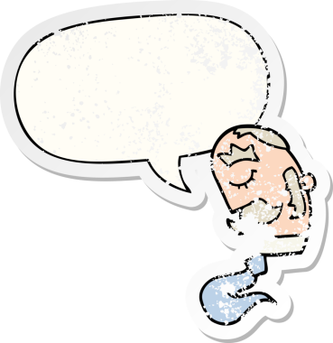 Konuşan bıyıklı bir çizgi film adamı, bir insan tarafından çizilmiş, kederli, yaşlı bir çıkartma.