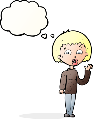 Bir insan tarafından çizilmiş düşünce baloncuğuyla el sallayan çizgi film kadını.