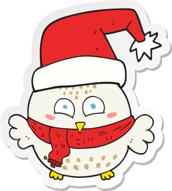 Bir insan tarafından çizilmiş şirin bir Noel baykuşunun çıkartması.