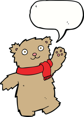 Bir insan tarafından çizilmiş konuşma balonlu eşarp giyen oyuncak ayı.