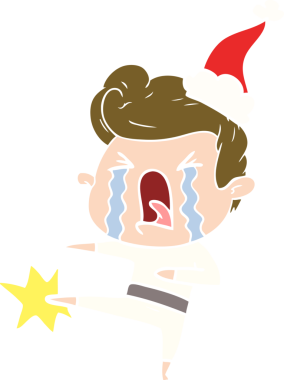 Bir insan tarafından çizilmiş Noel Baba şapkası giymiş ağlayan bir adamın düz renkli çizimi.