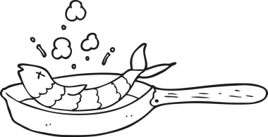 Bir insan tarafından çizilmiş siyah beyaz karikatür kızarmış balık.