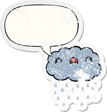 Konuşma baloncuğu olan sevimli çizgi film bulutu bir insan tarafından çizilmiş sıkıntılı eski bir çıkartma