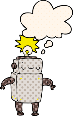 Bir insan tarafından çizilmiş çizgi roman şeklinde düşünce baloncuğu olan çizgi film robotu.