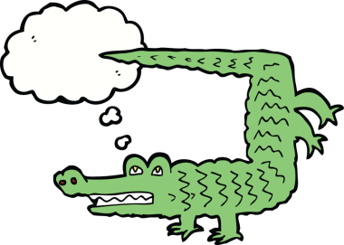 Bir insan tarafından çizilmiş düşünce baloncuklu timsah çizgi filmi.