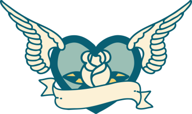 Bir insan tarafından çizilmiş çiçek ve bayrak ile uçan bir kalbin ikonik dövme görüntüsü